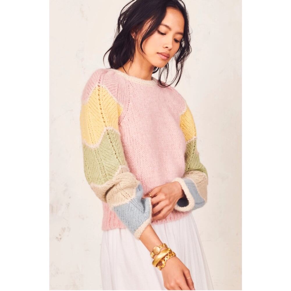 LoveShackFancy Aspyn Alpaca Blend Pastel Rainbow Pullover Sweater Size M